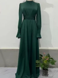 New Spring Autumn Womens Long Dresses Fashion Simple Round Neck Satin Flare Sleeve Lace Up Slim Evening Female Sexy Party Dress