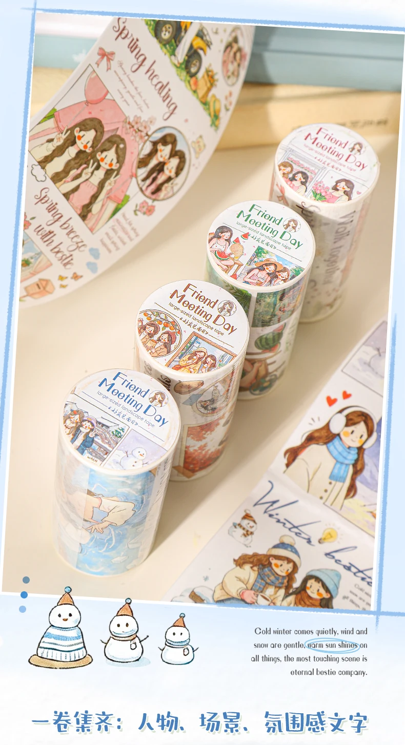 Journal GO 8cmx2m Washi Tape Sticker Set – Cute Friends Objects & Words Decals for Journaling Scrapbooking and DIY Card Crafts