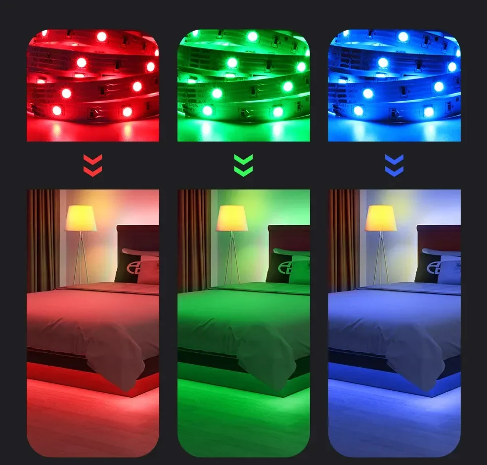 100ft LED Strip Lights for Room Decor SMD 5050 RGB Led Tape Music Sync LED Lights Bluetooth Remote DC5v Neon Lights TV Backlight