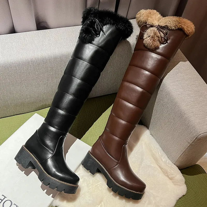 Waterproof Cold Winter Russia Female Warm Shoes Platform Chunky Heels Plush Over-the-knee Snow Boots With Real Rabbit Fur Pom