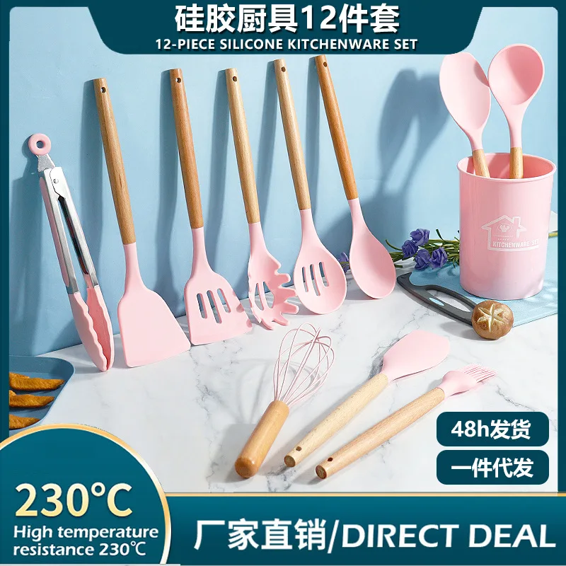 

12pcs Silicone Kitchenware Wooden Handle Spatula Spoon Shovel Non-stick Surface High Temperature Resistant Kitchenware Cooking