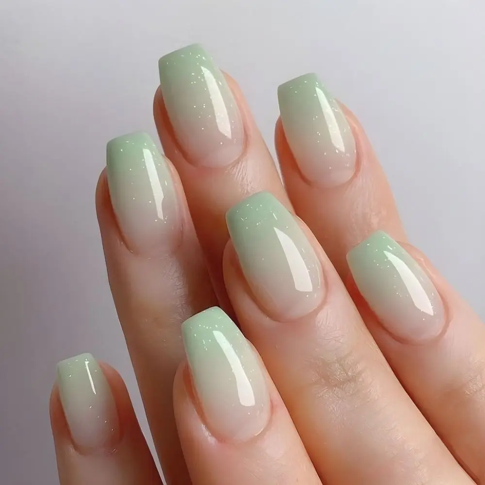 Long Ballerina and Square False Nails Love Heart Tulip White Stripe Nail Tips Light Green Gradient Full Cover Fake Nails