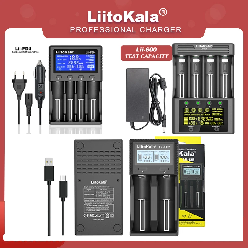 LiItoKala Lii-PD4 Lii-600 Lii-CH2 Smart Battery Charger 1.5V AA AAA Lithium Rechargeable Battery 1.2V 3.2V 18650 26650 21700