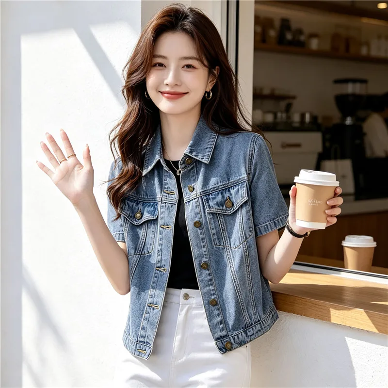 Summer Women Vintage Washed Blue Slim Thin Short Denim Jacket Lapel Single-Breasted Short Sleeve Jeans Jacket Female Basic Coat