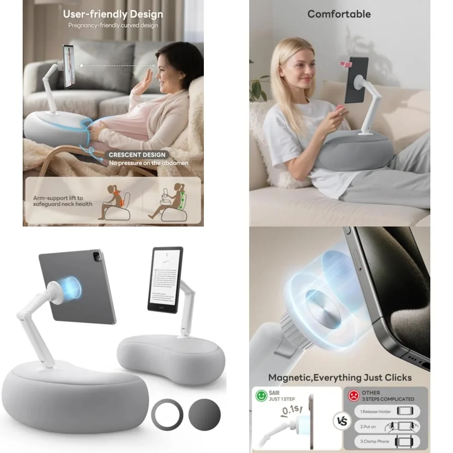 

Tablet Pillow Stand,【Magnetic】 Kindle Holder Compatible with Kindle, Tablet, iPad, iPhone, 360° iPad Holder for Bed with ​Ergonomic Pillow and Dual-Jointed Arm, 2 Free Magnetic Sheets (Gray)