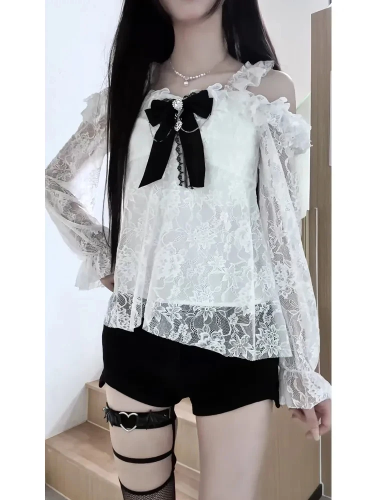 

Летний новый дизайн, белый кружевной узел с высокой талией, Bla orts, женский модный комплект, длинный комплект из полиэфирного волокна...