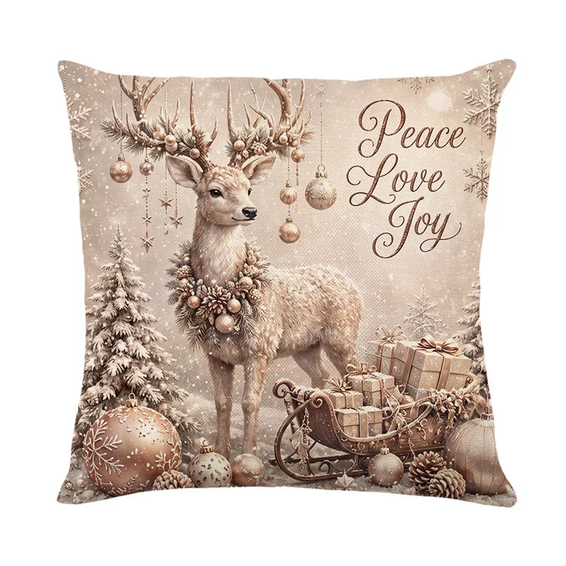 Beige Christmas Cushion Cover with Deer, Gnome, Candle and Cup Prints for Sofa, Bed and Chair Holiday Decor