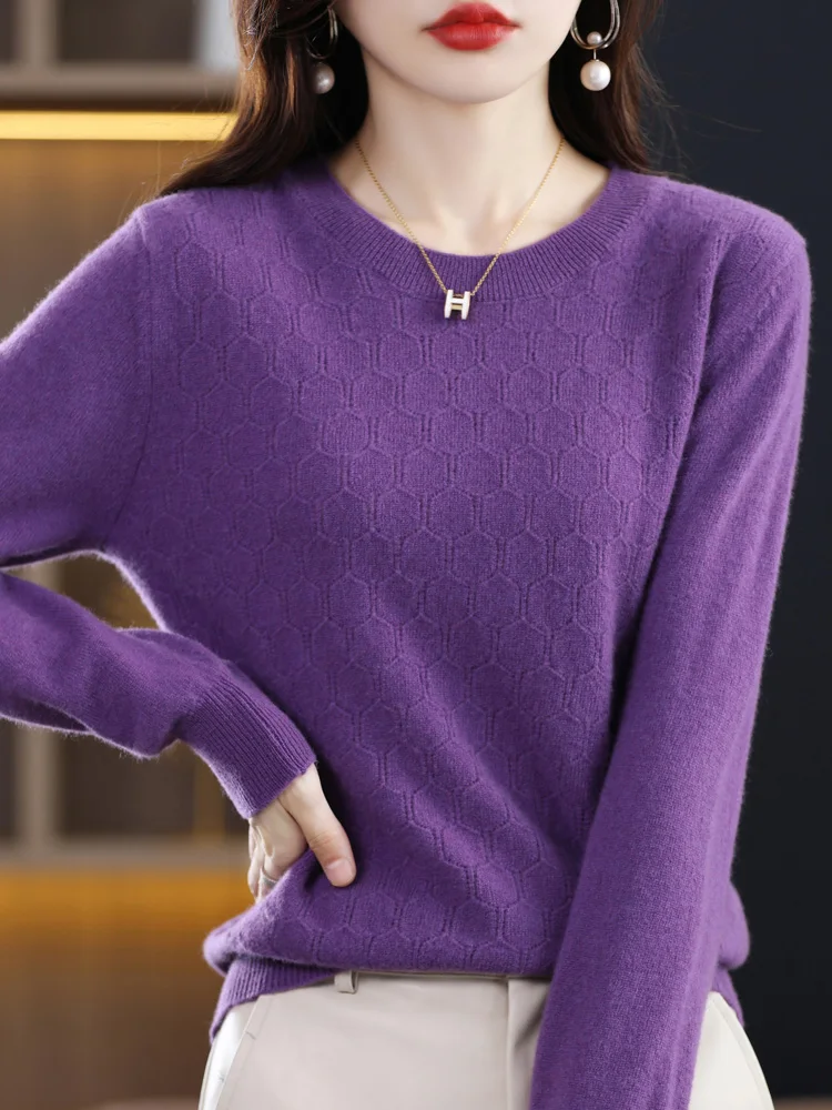 Spring Autumn 100% Pure Wool Sweater For Women O-neck Long Sleeved Cellular Hollow Out Solid Color Pullover Soft Basic Clothing