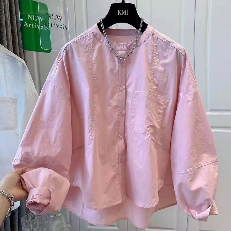 

New 2026 Long-sleeved Pink Shirt Women's Round Neck Autumn Loose Casual Slim Shirt Joker Temperament Design Top Blouse Female