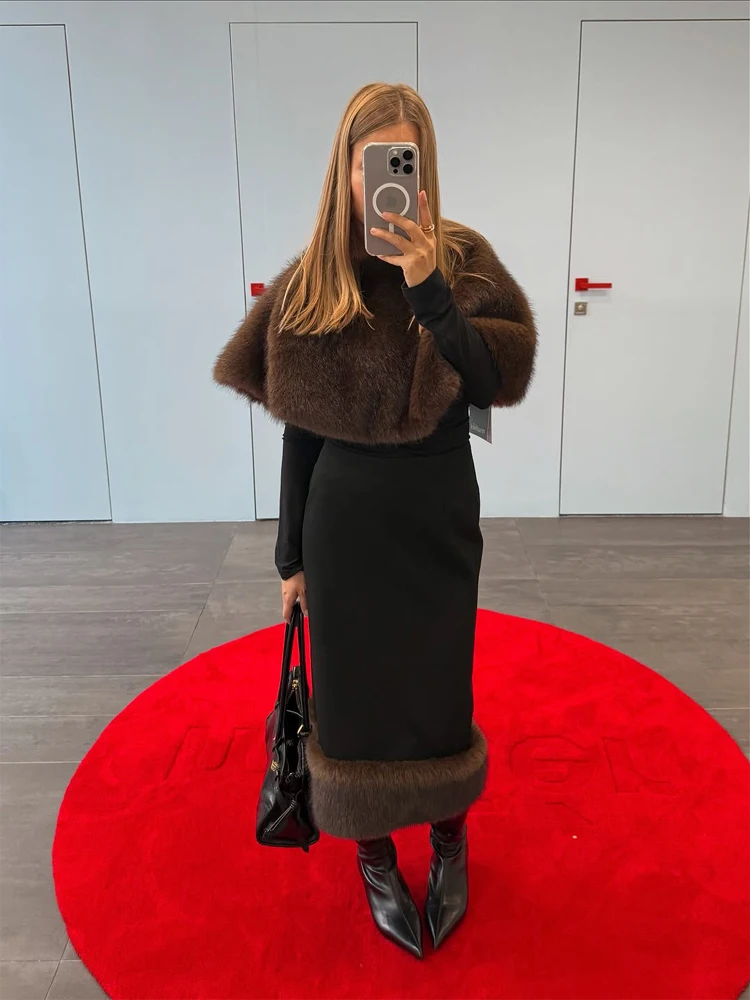 Vrouwen Luxe Nepbont Sjaal Chic Solid Patchwork Ronde Hals Brede Schouders Korte Mantel Jas Mode Dame Herfst Straat Outwears