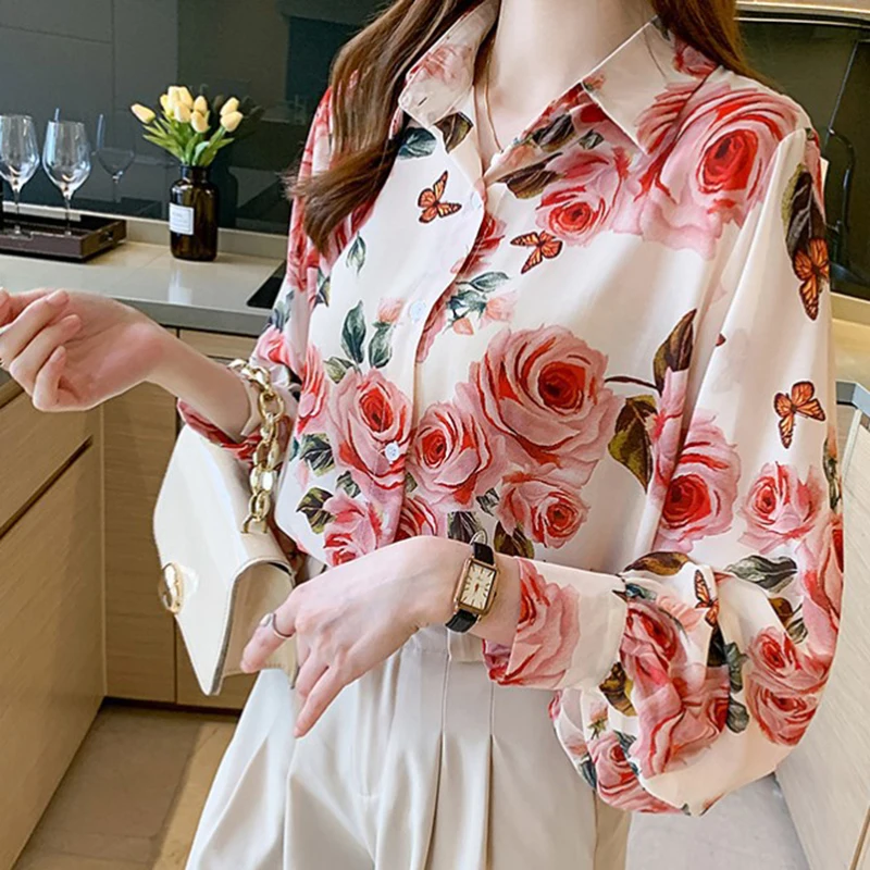 Rose Print Chiffon Blouse Women 2023 Autumn Elegant Lantern Long Sleeve Button Up Shirt Woman Office Wear Korean Loose Work Top