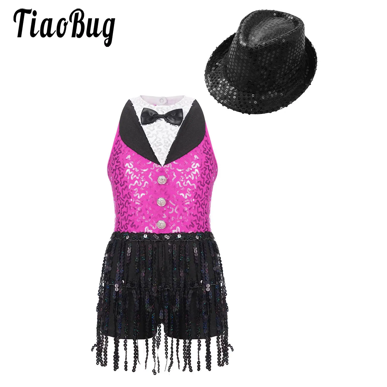 

Kids Girls Dance Outfit Latin Tango Rumba Samba Dancewear Sleeveless Sequin Jumpsuit with Hat for Jazz Performance Competition