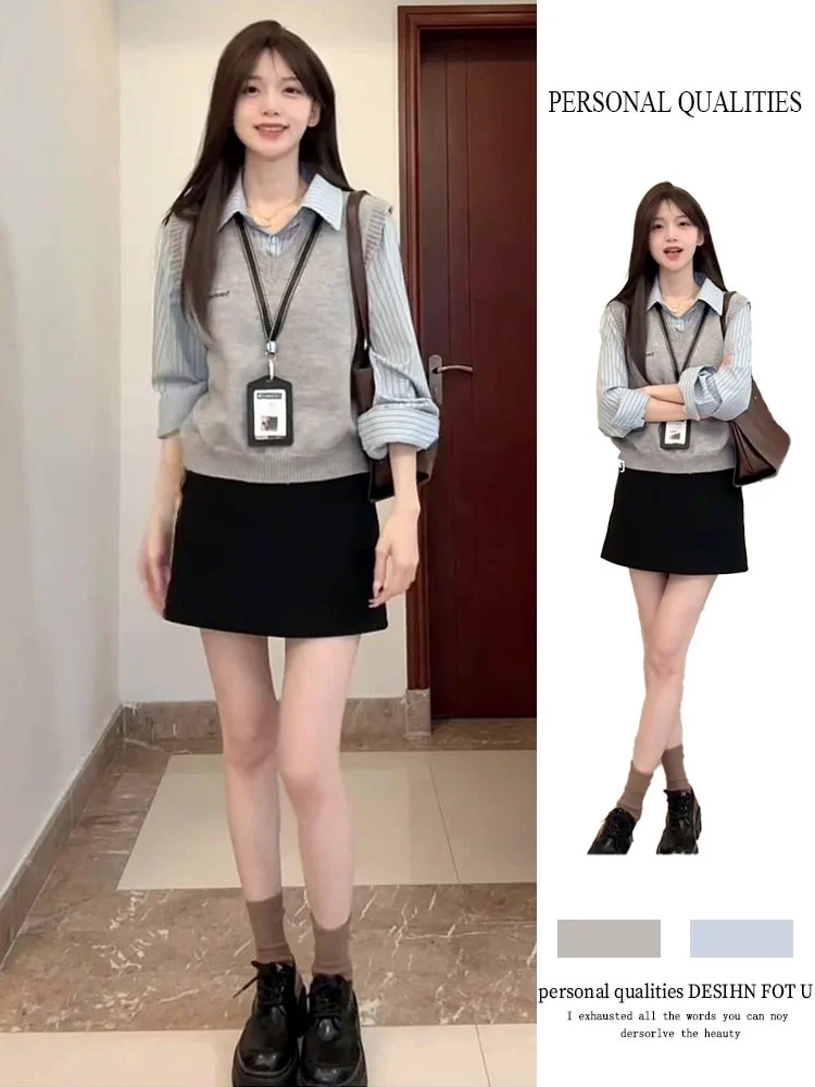 

Autumn 2025 Women's College Style Knitted Stripe Long Sleeve Shirt And Vest Short Skirt Two-Piece Set Fashionable Winter Wear
