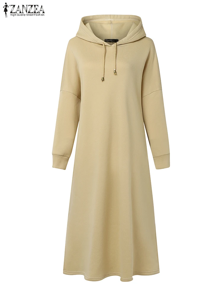 حجم كبير 5XL ZANZEA المرأة موضة البلوز فساتين الخريف طويلة الأكمام مقنعين رداء الصلبة جيوب فضفاضة غير رسمية طويلة Vestidos