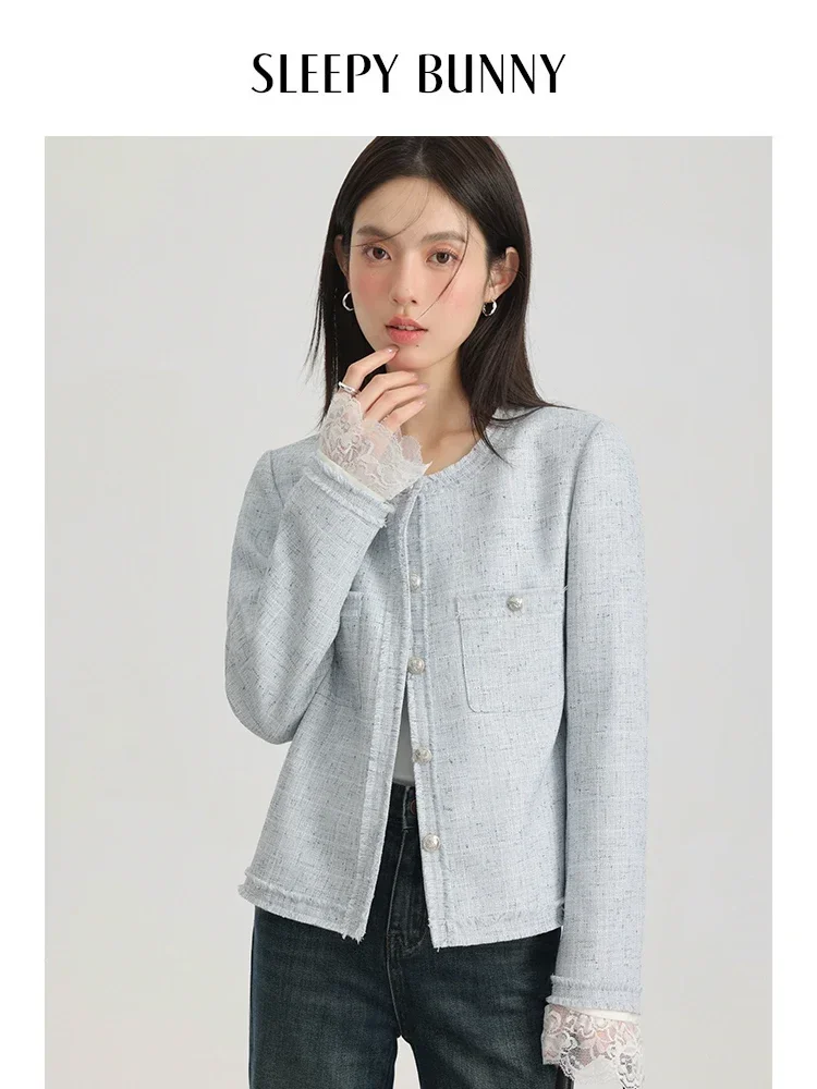 Blazer Wol Gaya Retro Wanita Musim Semi 2025 Jaket Leher Bulat Elegan dengan Bantalan Bahu Mantel Pakaian Luar Wanita Kantor Kasual Chic