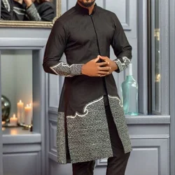 Chemise imprimée africaine à manches longues pour hommes, Dashiki noir, robe nationale traditionnelle, vêtements d'affaires décontractés, vêtements de mariage, 2 pièces, 03