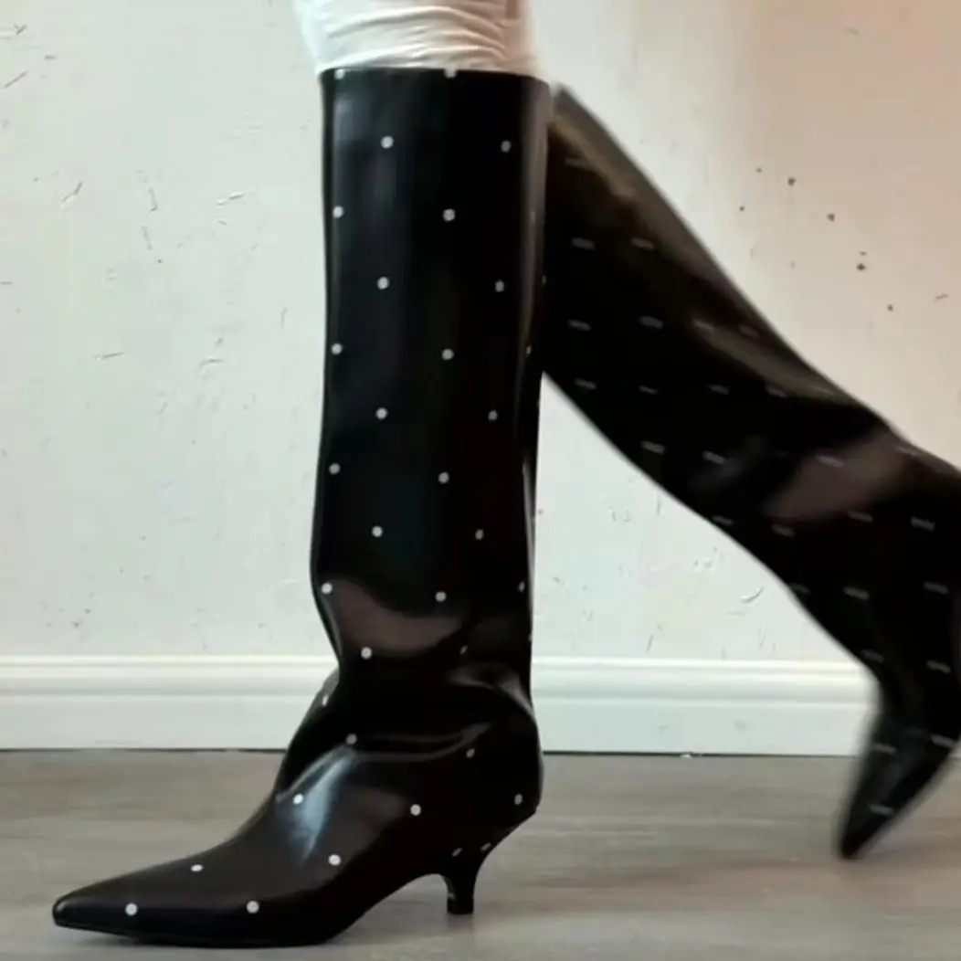 Concise Style 3D Printing Polka Dot Pointed Toe Knee-High Women Boots Stiletto High Heels Slip On Design Large Size Shoes