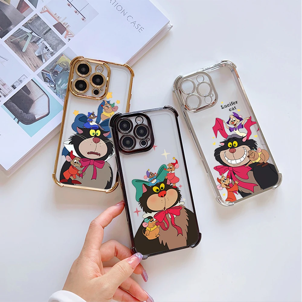 MINISO Cute L-Lucifer Cat Phone Case For Samsung S23 S24 S25 A54 55 ULTRA PLUS FE Electroplate Four Corner Anti-drop Color Cover