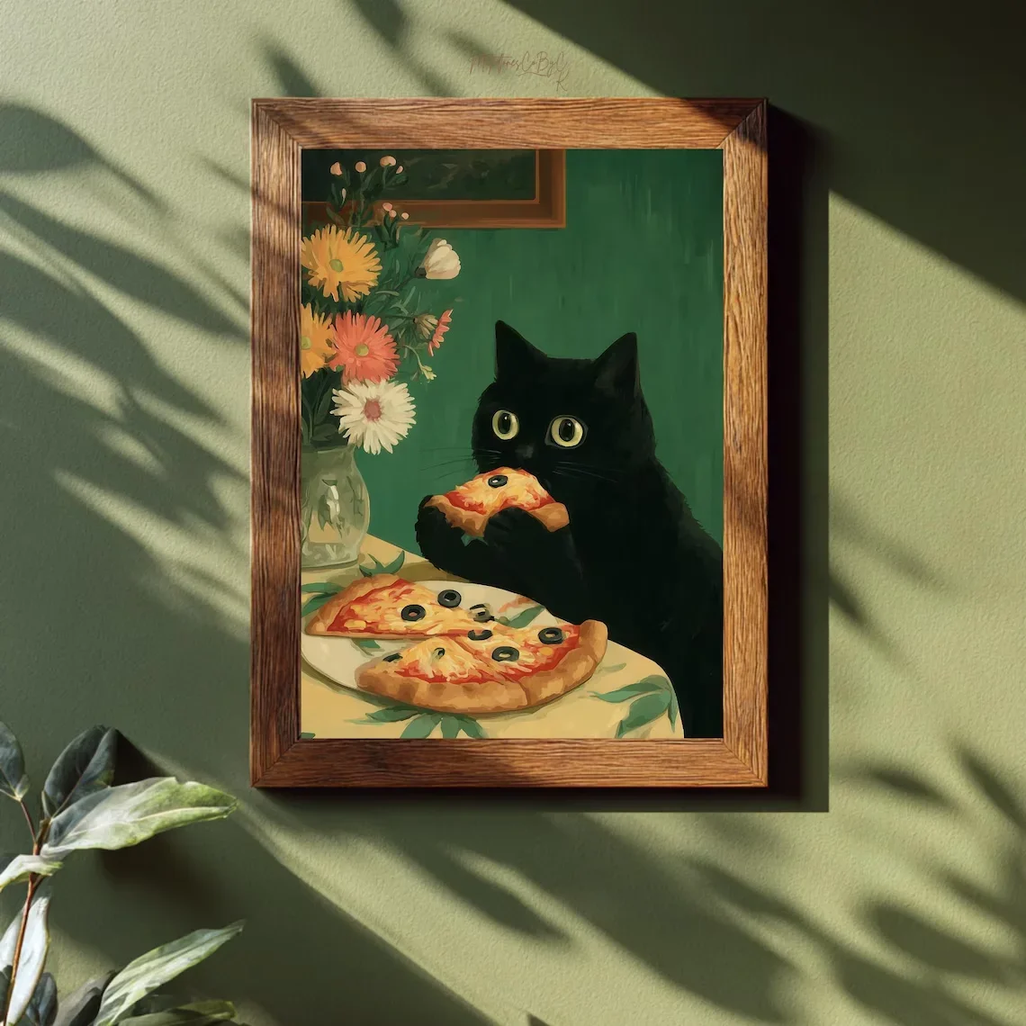 (No frame)Whimsical Black Cat Wall Art – Funny Kitchen Decor, Cute Cat Illustration Print, Playful Food Lover Poster for Home
