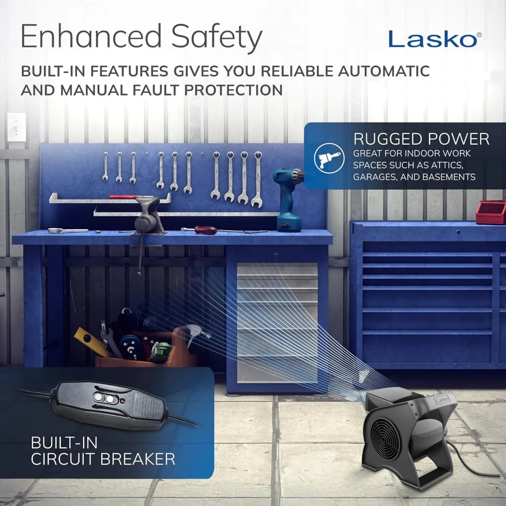 مروحة أدوات مقاس 12 بوصة لموقع العمل أو الاستخدام المنزلي، 289 CFM، مراوح منفاخ عالية السرعة، 3 سرعات، 2 منافذ ملحقة 120 فولت، أسود