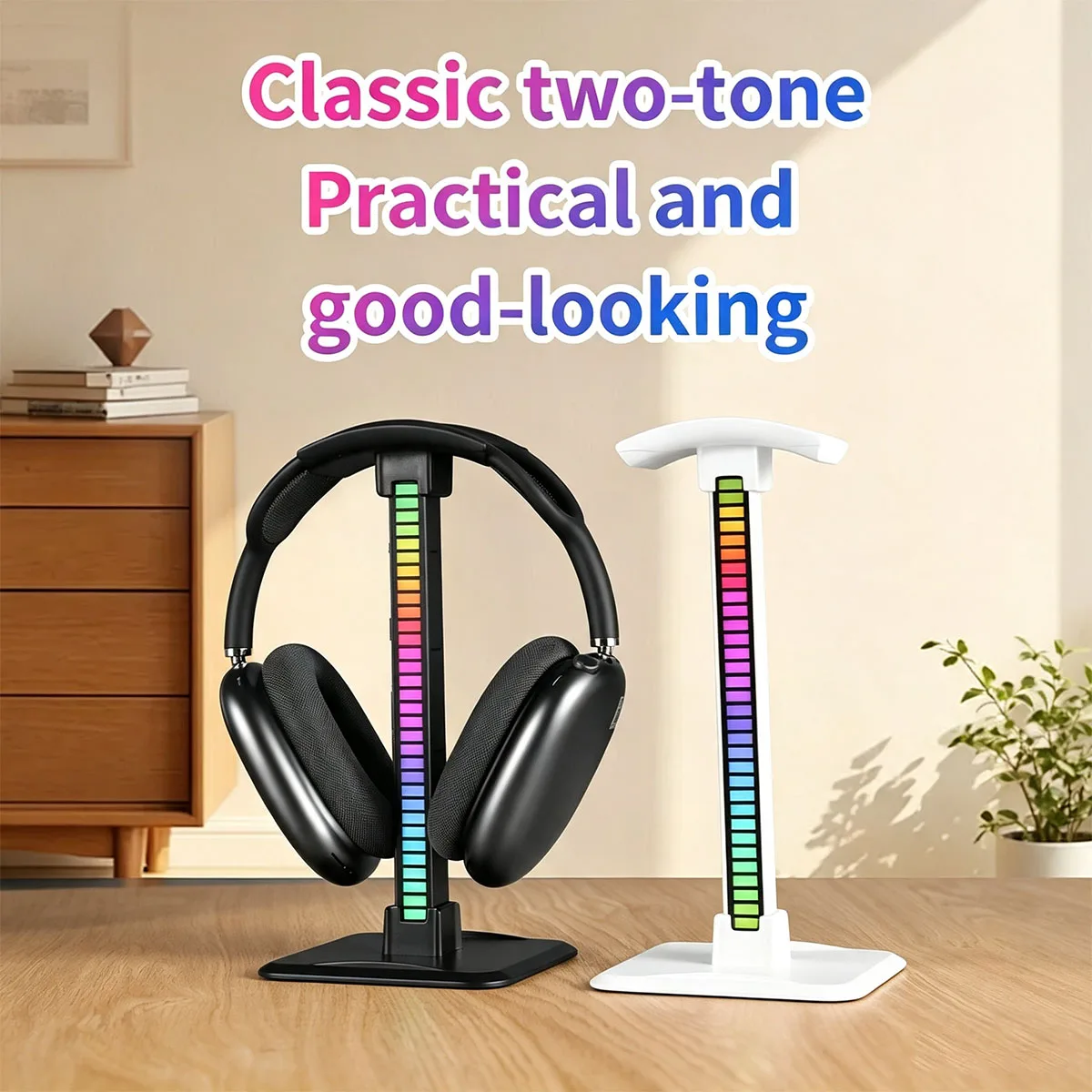 Headset Stand Music Sync RGB Light Strip, 18 Colors & 8 Dynamic Modes, USB Rechargeable LED Ambient Light for Bedroom, Party