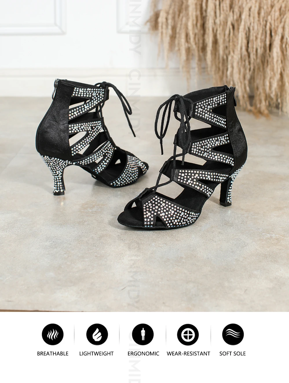 Neue Modische Diamant-Tanzschuhe für Damen, Bequeme Weiche Sohle, Party-Ballsaal-Tango-Salsa-Latin-Tanzschuhe mit Kubanischem Absatz – Detail 4