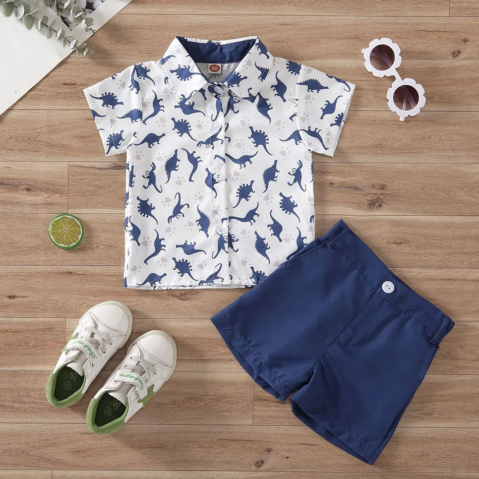 Kids Summer Clothing Set Children Fashion Short Sleeve Dino Print Shirt and Shorts Outfit Boys School Clothes for Playful Days