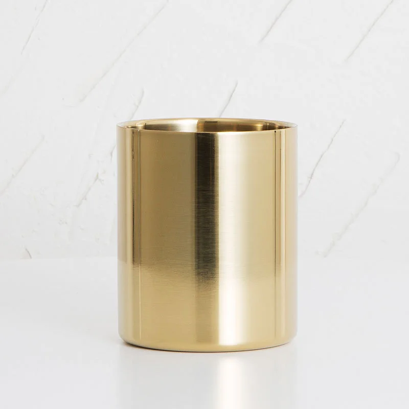 Circular Pen Holder Stainless Steel Metal Desktop Ornament Nordic Stationery Pen Insert Golden Vase Makeup Brush Storage Box