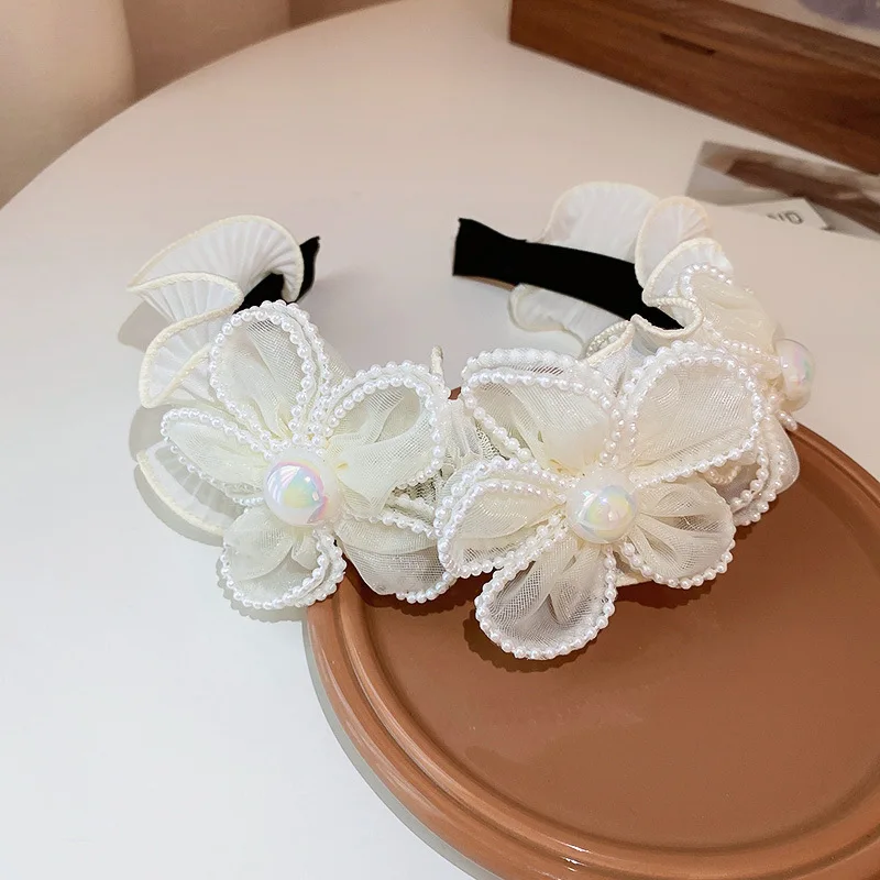 Hot Sale French Retro White Pearl Flower Headband Headdress Women\'s Sweet Cloth Hair Hoop Hair Accessories