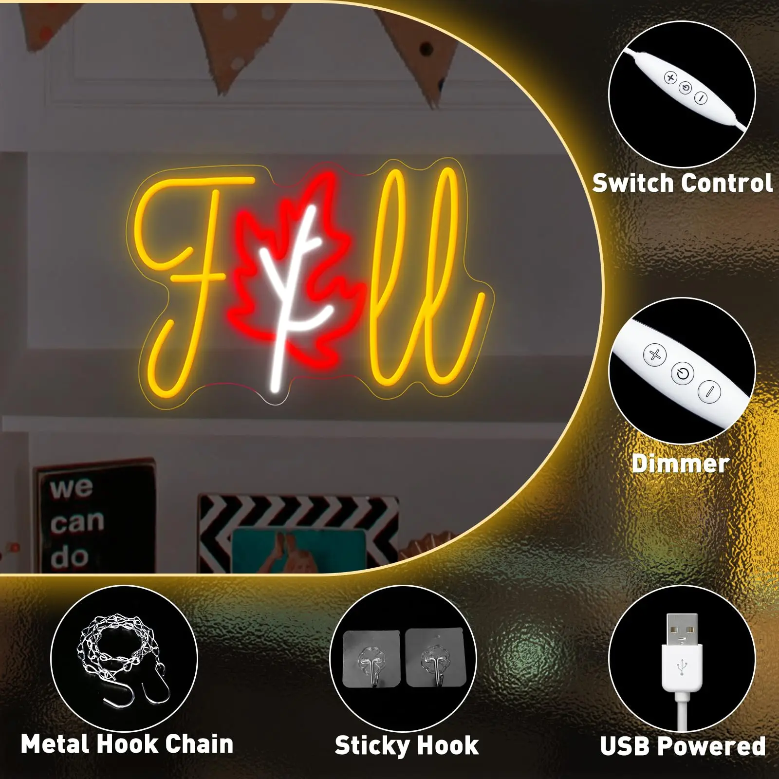 Thanksgiving Fall Neon Sign Maple Leaf Dimmable Autumn LED Light Up Sign Wall Decor for Home Harvest Celebrate Party Holiday Gif