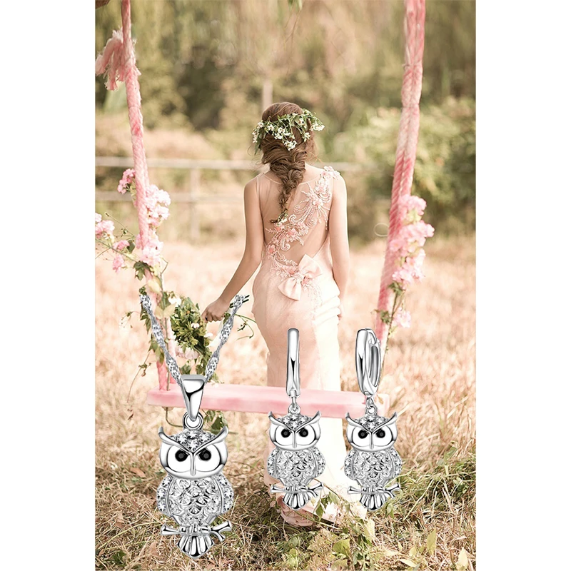 

Fashion Cartoon Owl Animal Statement Necklace + Earrings 925 Sterling Silver Jewelry Sets Wedding Anniversary Bijoux