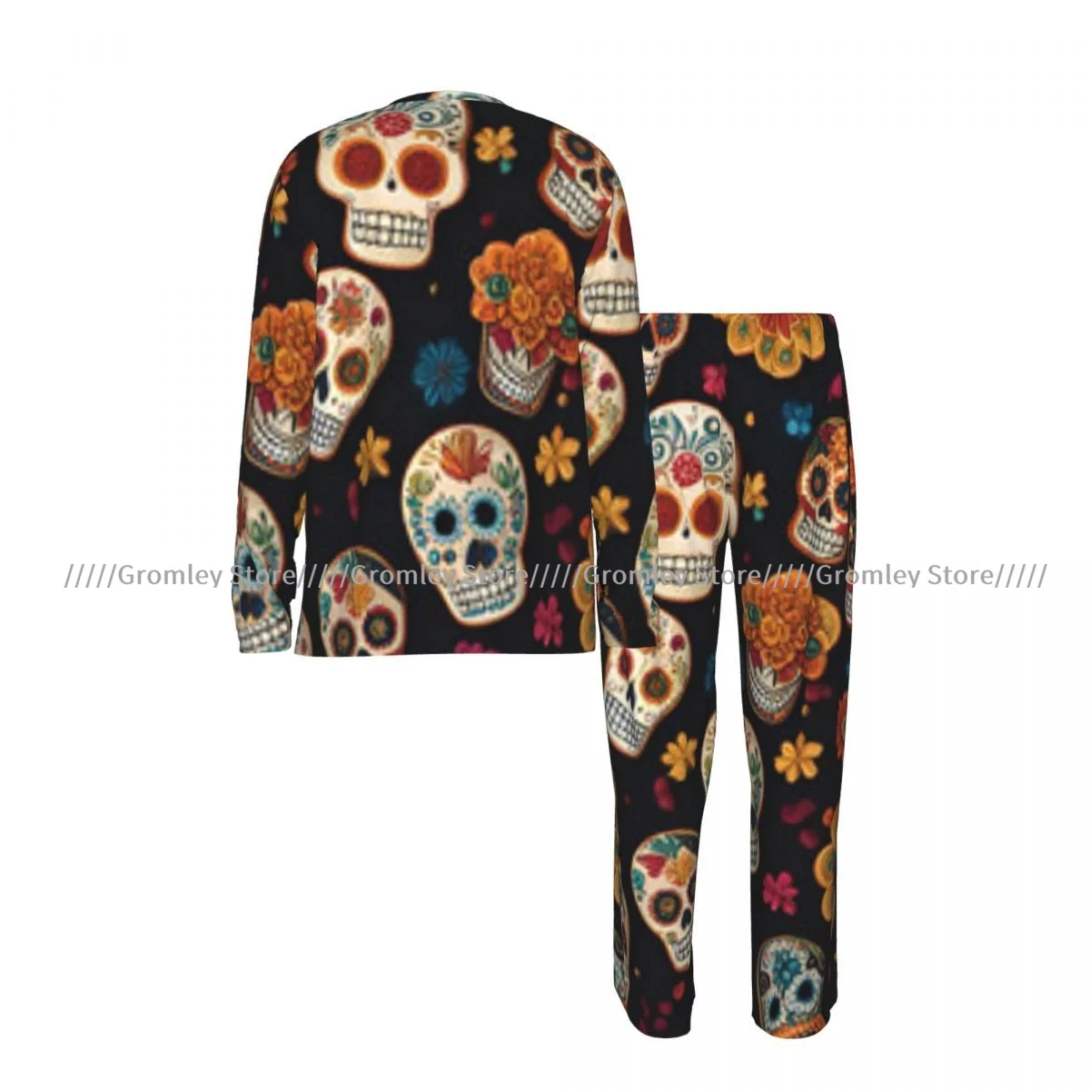 Colorful Sugar Skulls Print Men's Pajama Set Long Sleeve T-Shirt and Long Pants Sleepwear Male Nightwear Home Suit