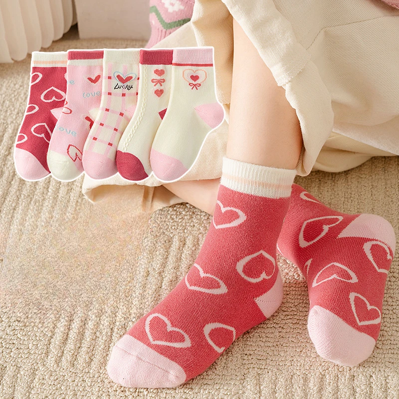 Five Pairs Spring and Autumn Children Fashion Print Cute Students Solid Color Comfortable Breathable Sports Mid-tube Socks