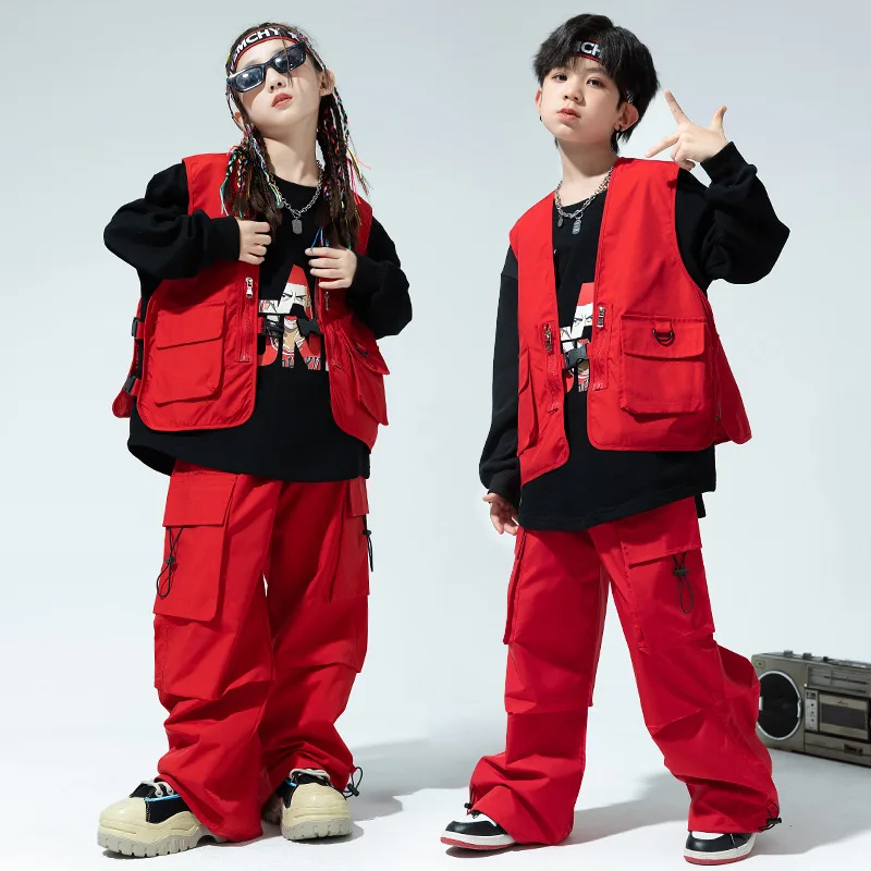 

Kid Kpop Hip Hop Clothing Red Sleeveless Jacket Vest Top Casual Parachute Cargo Pants for Girl Boy Jazz Dance Costumes Clothes
