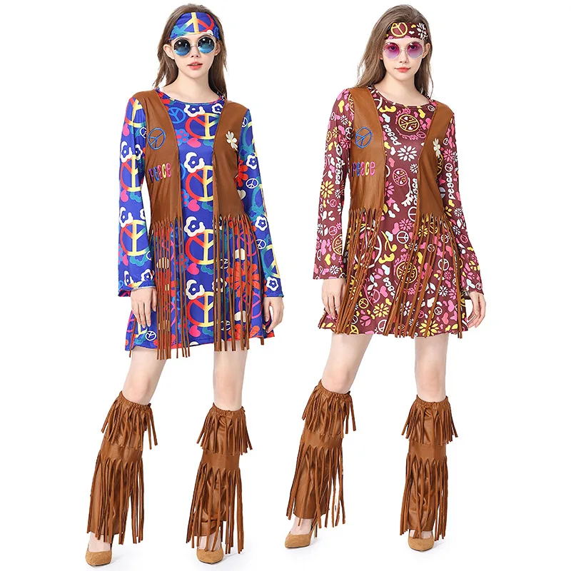 Halloween Kostüme Frauen Retro 1960s Hippie Liebe Frieden Kostüm indische Quasten Hippie Cosplay Purim Party Karneval Kostüm