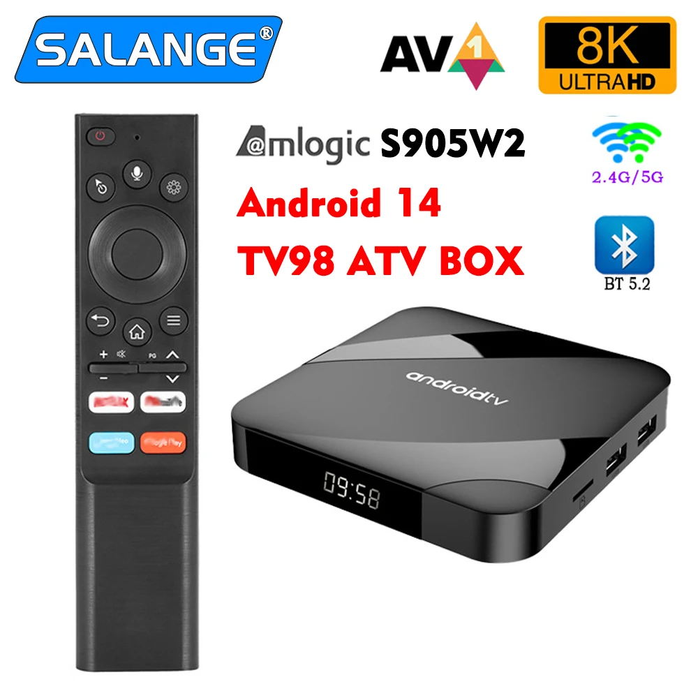 ATV Android 14 TV Box 4GB 64GB BT 5.1 AV1 S905W2 Quad Core 2.4G&5G Dual WIFI Voice Remote Media Player 8K 4K Set Top Box