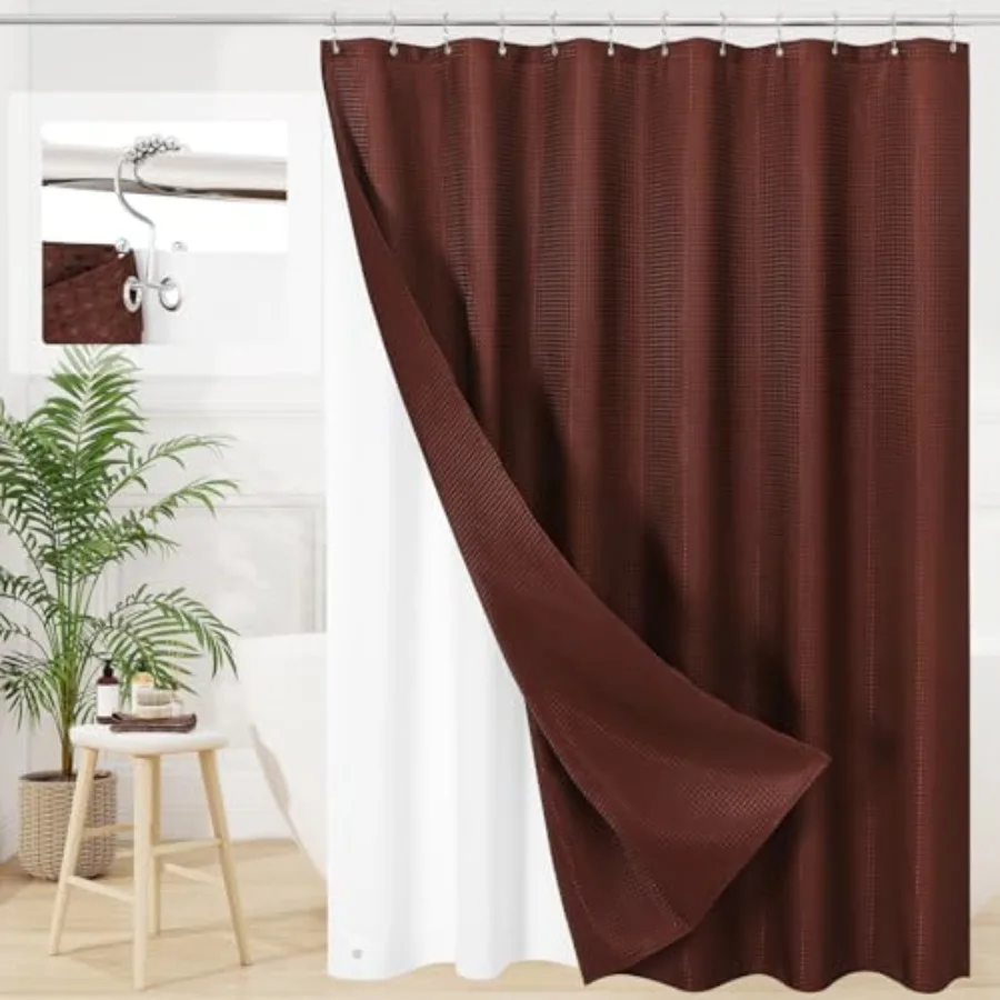 

Комплект шторок для душа 3-в-1: коричневая вафельная шторка и вкладыш из ПЭВА с 12 крючками из нержавеющей стали, водонепроницаемый