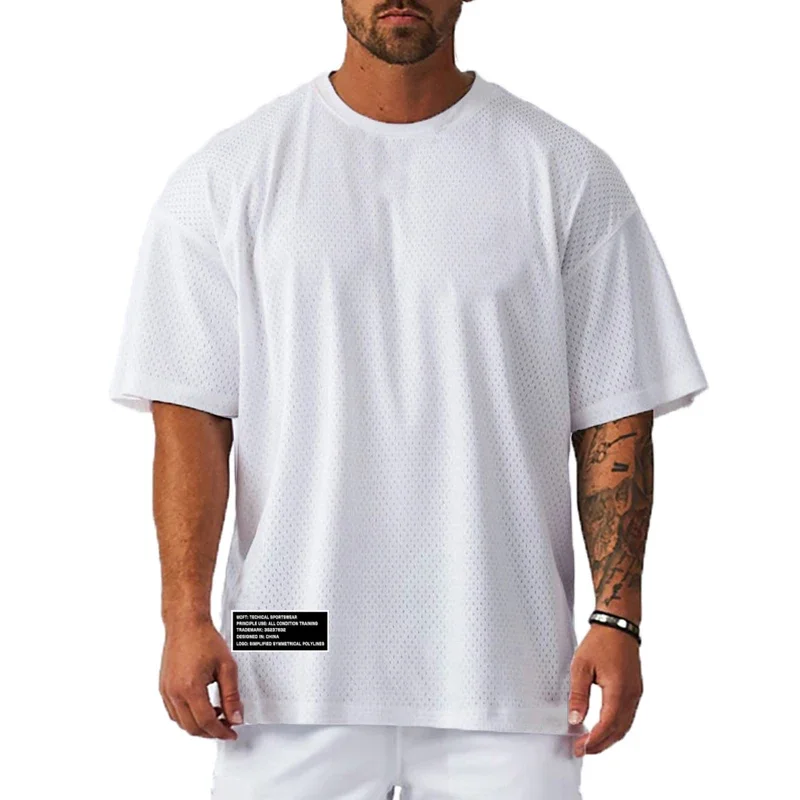 Mesh Oversized Half Sleeve Fitness Mens T Shirt Streetwear Hip Hop Loose Sportswear Gym Clothing T-shirt Bodybuilding Tshirt