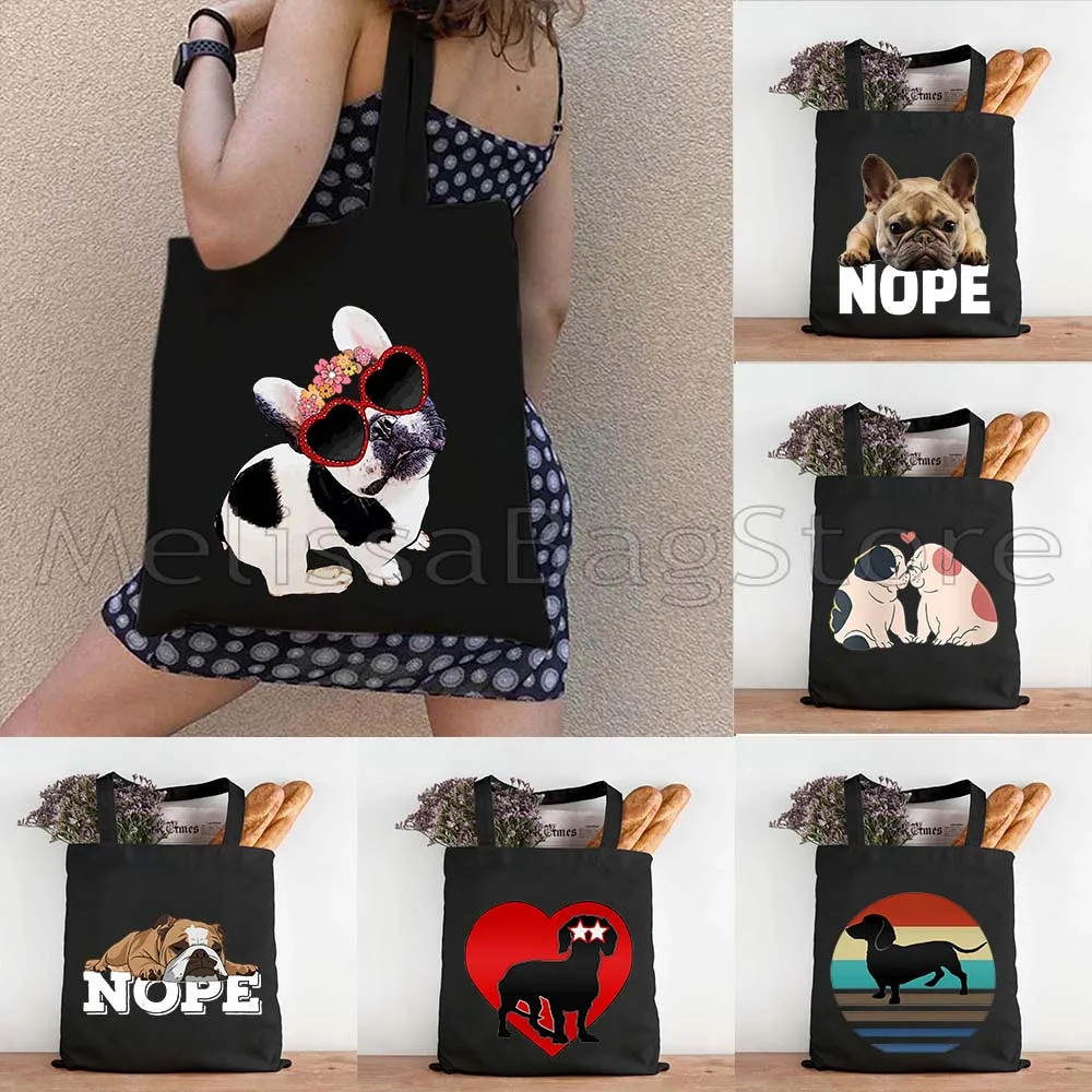 

6PCS Funny Dachshund Dog Heart English Bulldog Nope French Bulldog Gift Canvas Shoulder Tote Bag Cotton Shopper Shopping Handbag