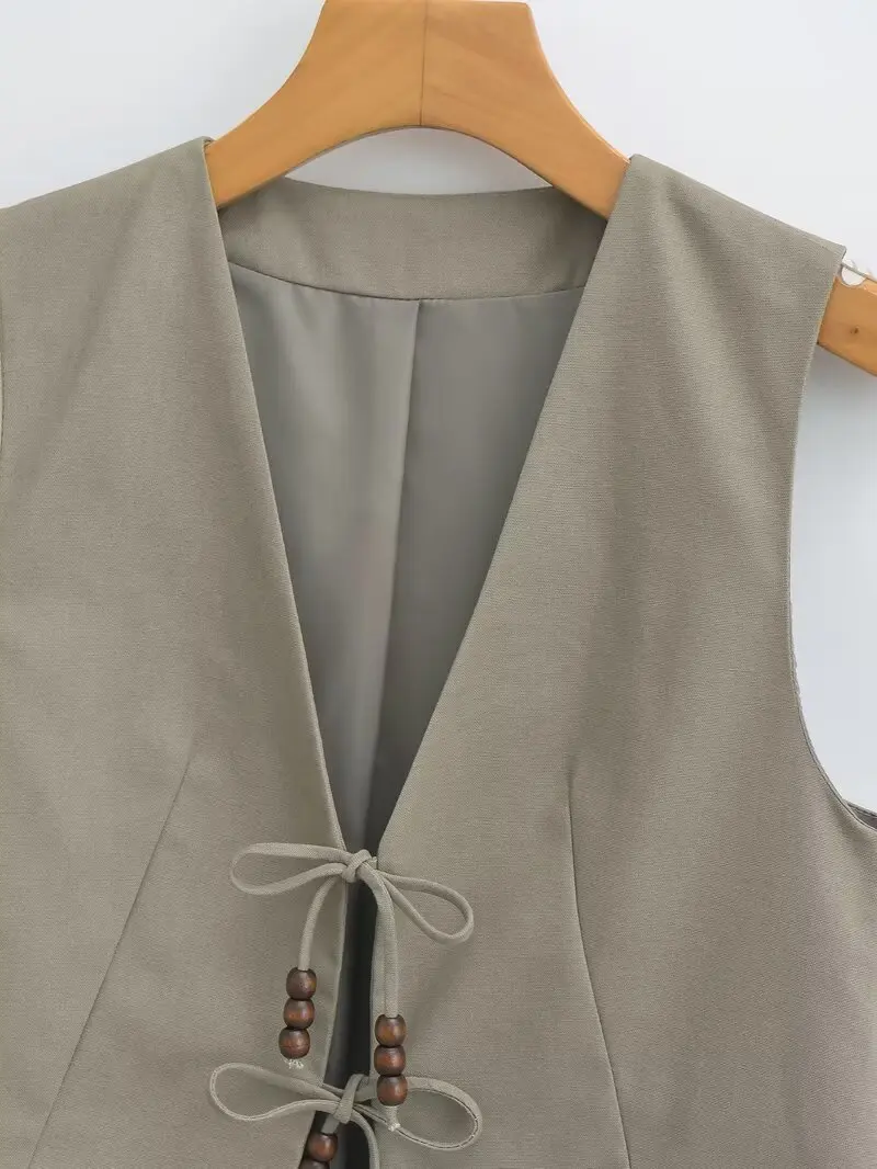 新しい女性のファッション V ネックノースリーブビーズデザインレースアップショートリネンベストジャケットオフィスレディカジュアルスリムチョッキトップス CT2208