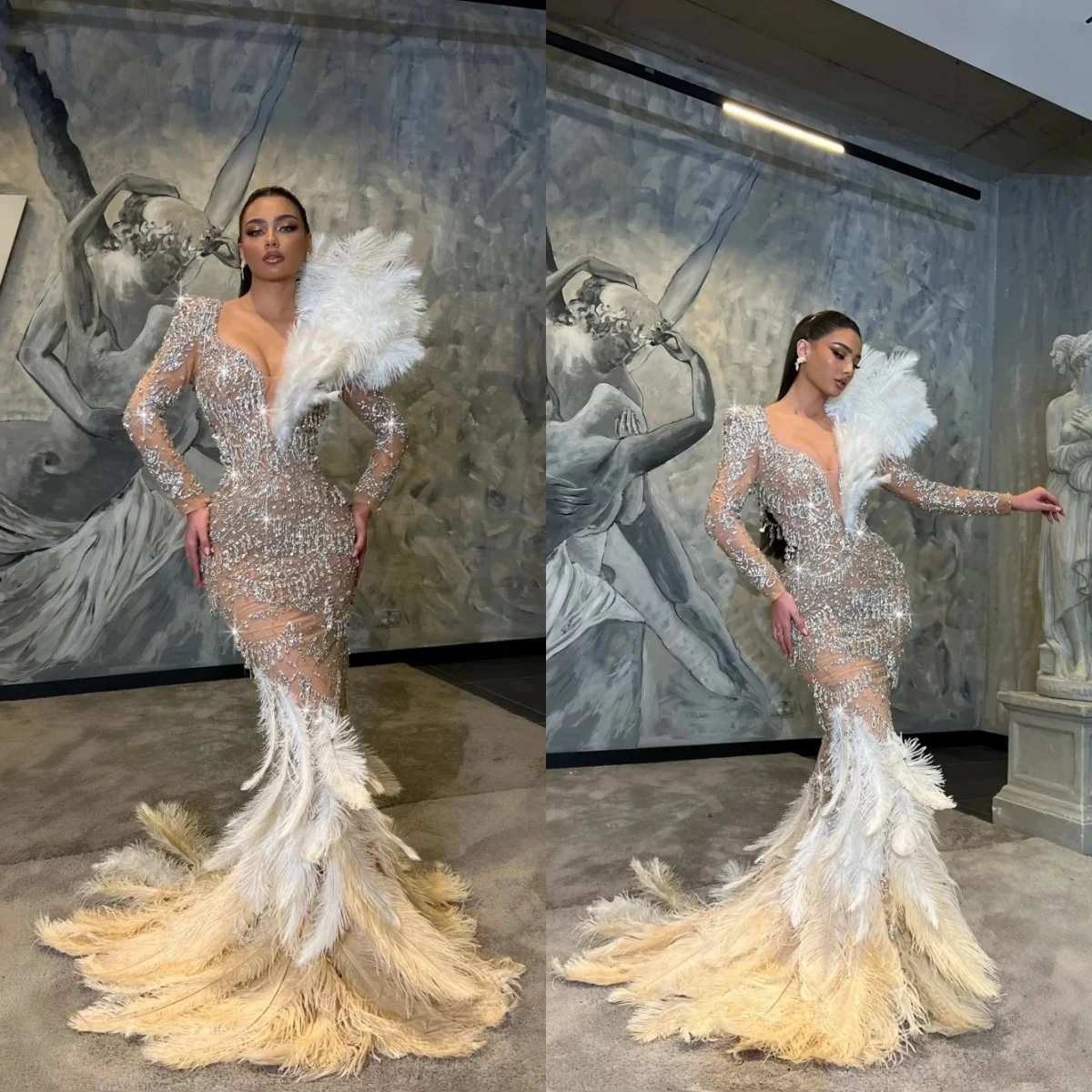 Glamorous Feather Evening Dresses Crystal Prom Gowns Beading See Through Long Sleeve Custom Made Party Dresses