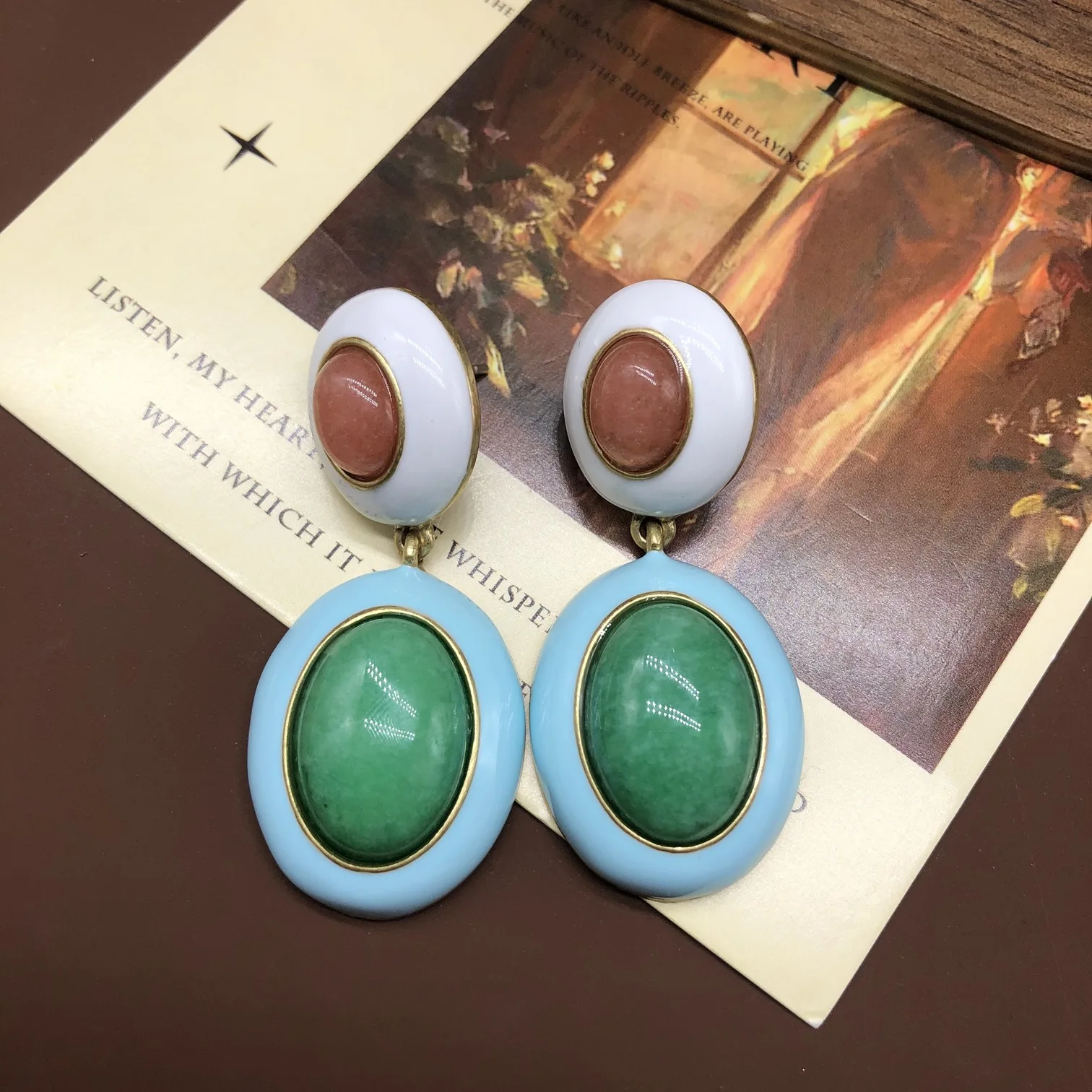 레트로 스타일 니치 드롭 글레이즈드 귀걸이 태슬 스터드 귀걸이