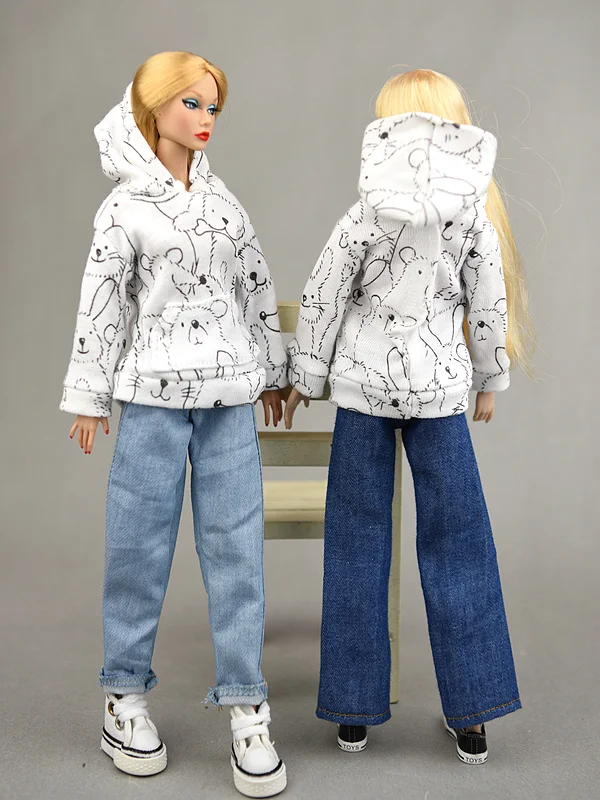 Jeanshose / Blaue Schlaghose und weiß-schwarzes Oberteil, Kleidungsset, Outfit für 30 cm große BB Kurhn Xinyi Fr2 Ob Doll