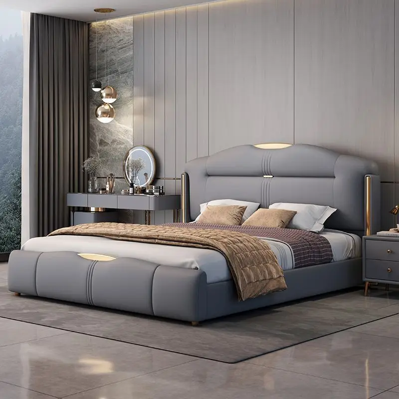 Lit moderne et simple en cuir de riz, chambre principale, lit multifonction