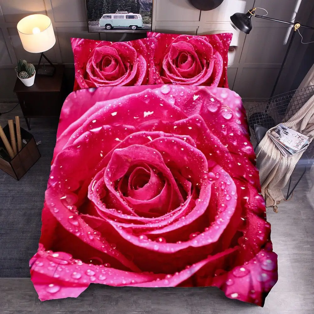 Rose Polyester Duvet Cover Set King Queen Full Size Big Rose Red Blue Pink Purple Flower Dew Pattern Chic for Kids Girl Couple