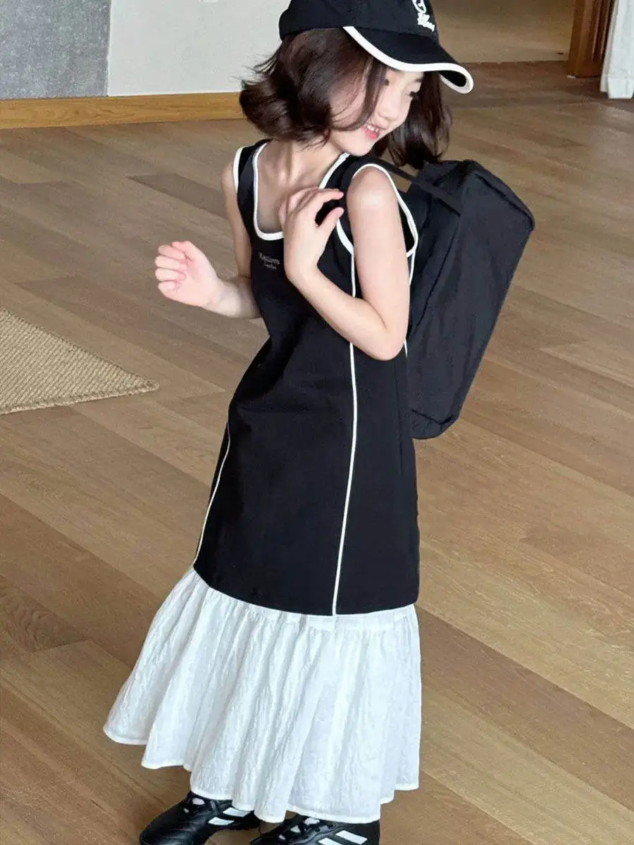 

Princess Style Patchwork Vest Dress for Girls Summer Fashionable Beautiful Long Skirt Children's Clothing Korean Style Dress