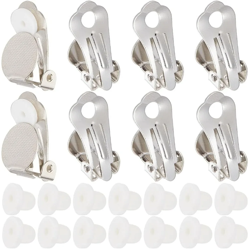 1 Box 60Pcs Silver Earring Converter Clip on Earrings Back Brass Non Pierced Earring Clips with Plastic Pads Painless