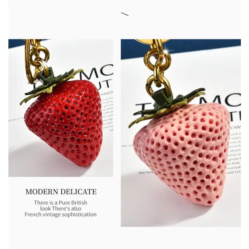 قلادة سلسلة مفاتيح فواكه مخصصة، قلادة كيس فراولة كبيرة محاكاة ثلاثية الأبعاد بلونين