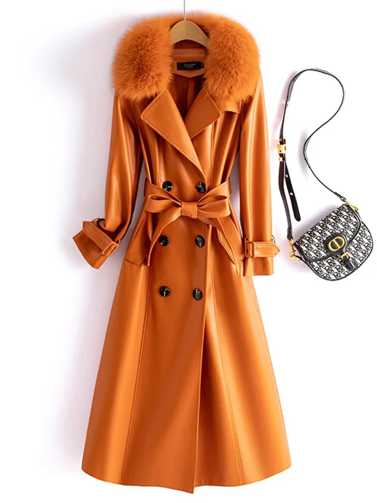 New Women Fox Fur Collar Cotton Liner Split Leather Coat Autumn Winter Fashion Double Breasted Slim Waist Long Trench Coat
