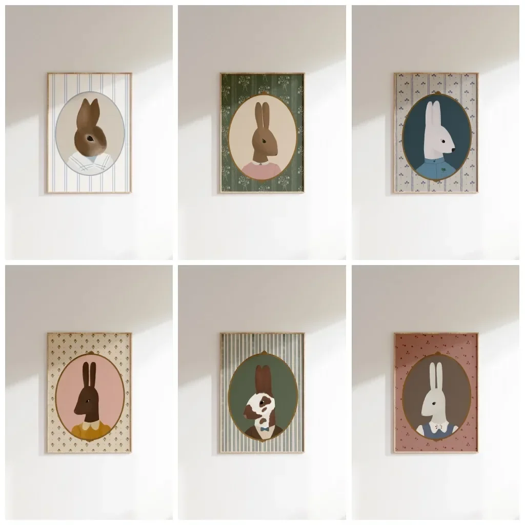 Vintage Aesthetic Nursery Abstract Wall Art  Cute Rabbit Animal Portrait Canvas Print for Kids Room Decor  Bunny Painting Home D
